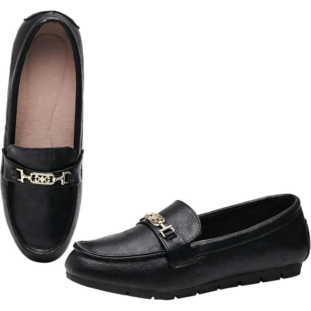 Women’s Black Leather Polyurethane Comfortable Casual Slip On Loafer Flat Shoes